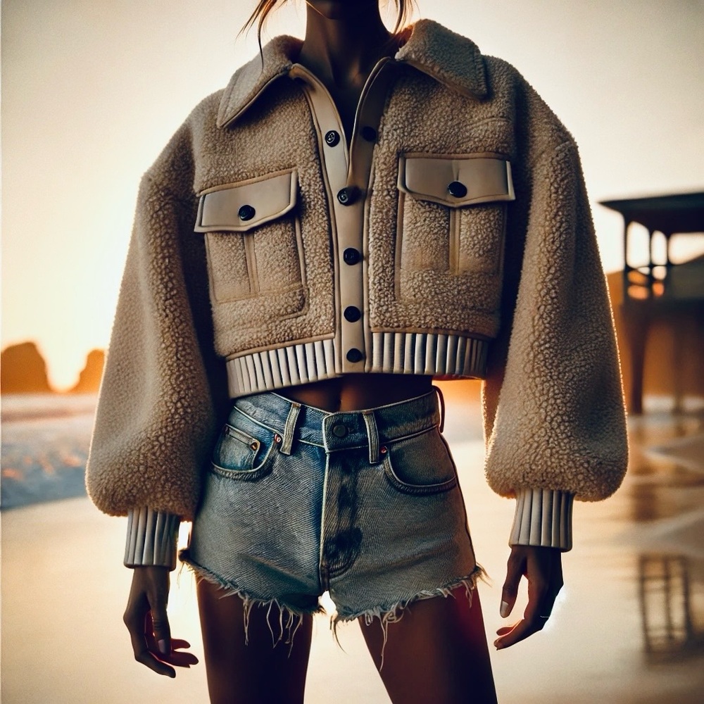 Sundays Tan Teddy Jacket Cropped Fuzzy Style - Picture 7 of 7